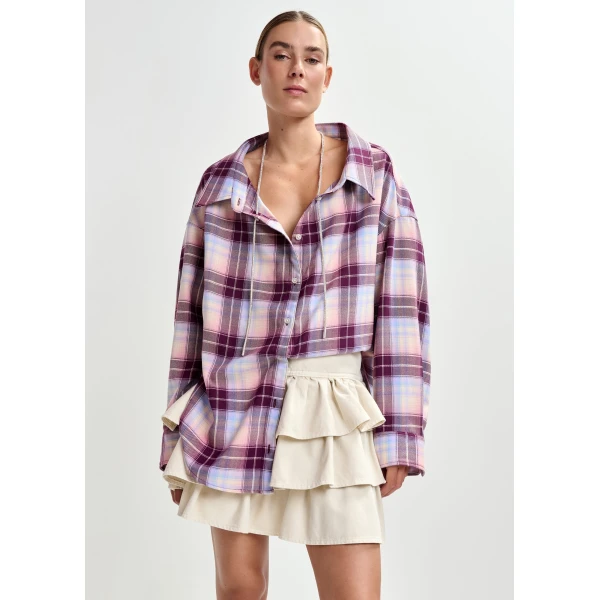 burgundy and light blue oversized plaid shirt with rhinestone chain