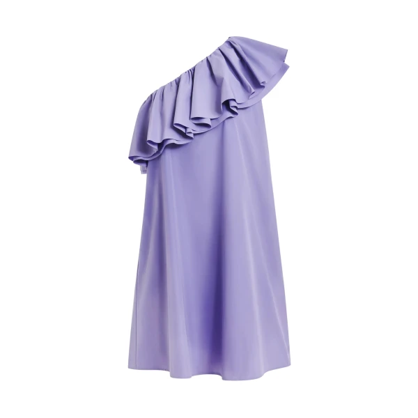 Purple one-shoulder mini dress with ruffle details