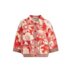 Red and off-white floral-print knit cardigan with brown contrasting trims