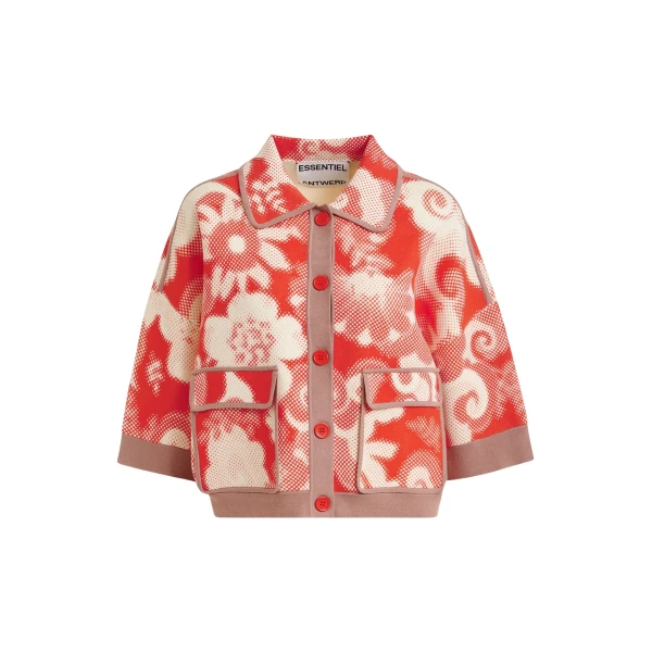 Red and off-white floral-print knit cardigan with brown contrasting trims