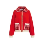 Red and off-white textured cardigan with contrast pink and black tweed collar and patch pockets