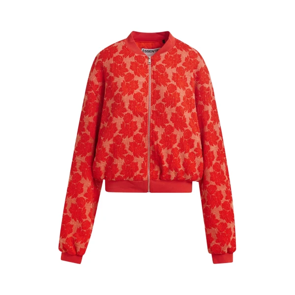 Red and orange quilted jacquard floral bomber jacket