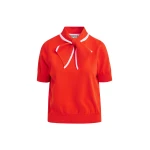 Red fine-knit polo with light pink scarf-like contrast collar