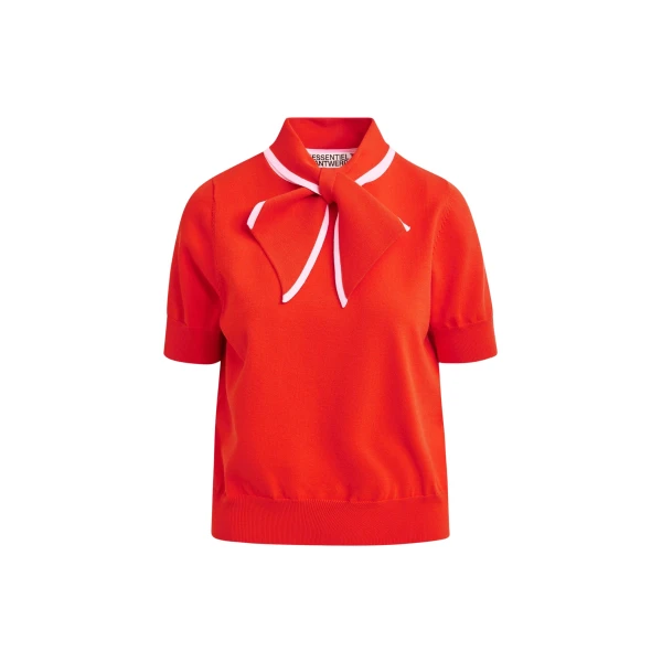 Red fine-knit polo with light pink scarf-like contrast collar