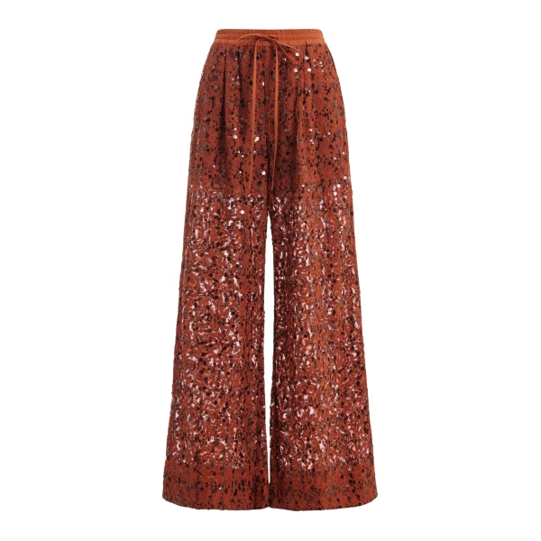 Rust sequin-embellished wide-leg pants