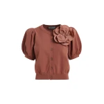Terracotta fine knit cardigan with oversized flower brooch