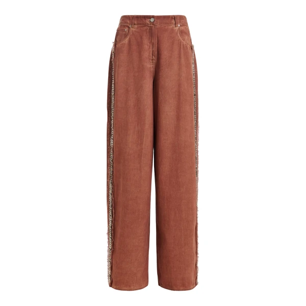 Terracotta high-rise wide-leg jeans with embellished side trims