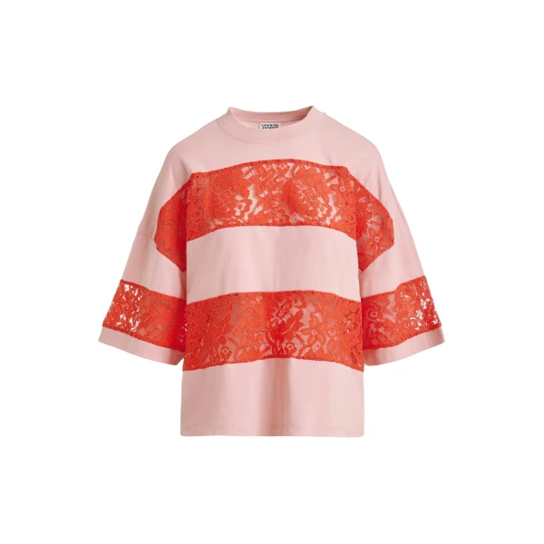 Vintage pink and orange organic cotton striped lace insert T-shirt