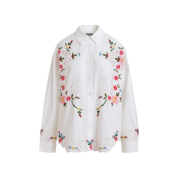White and multicolor floral embroidered oversized cotton shirt