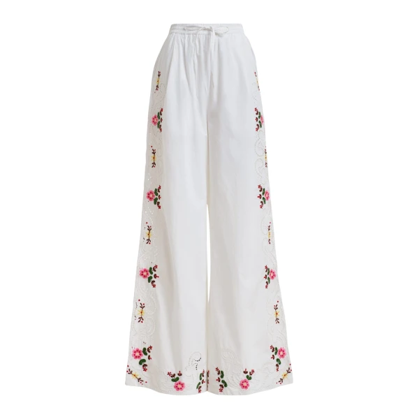 White and multicolor floral embroidered wide-leg cotton pants