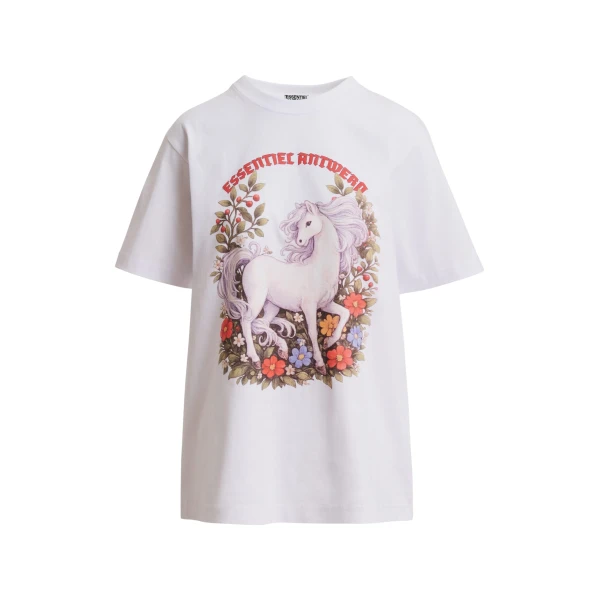 White and multicolor horse with floral motif oversized T-shirt