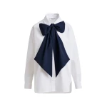 White and navy cotton shirt with removable bow tie