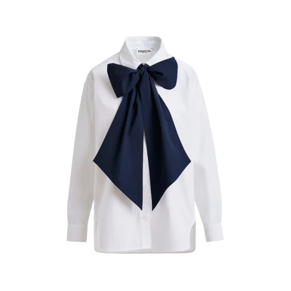 White and navy cotton shirt with removable bow tie