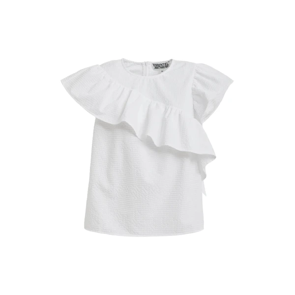 White asymmetrical top with ruffle details
