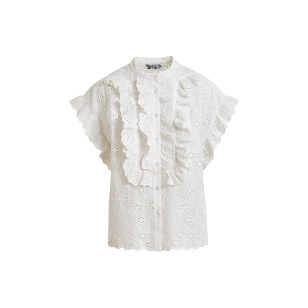 White broderie anglaise cotton blouse with ruffled trims