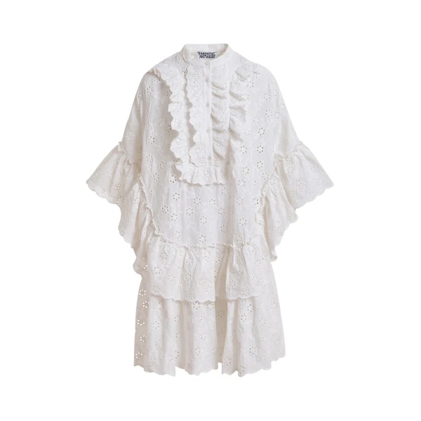 White broderie anglaise cotton mini dress with ruffled trims