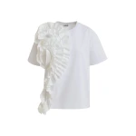 White cotton T-shirt with oversized floral ruffle detail