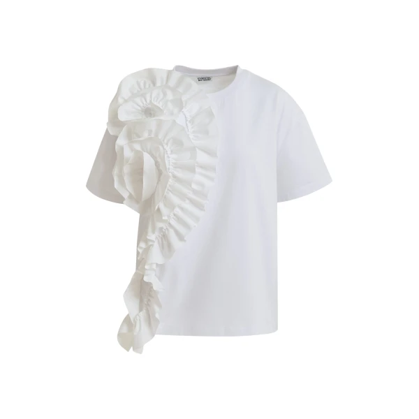 White cotton T-shirt with oversized floral ruffle detail