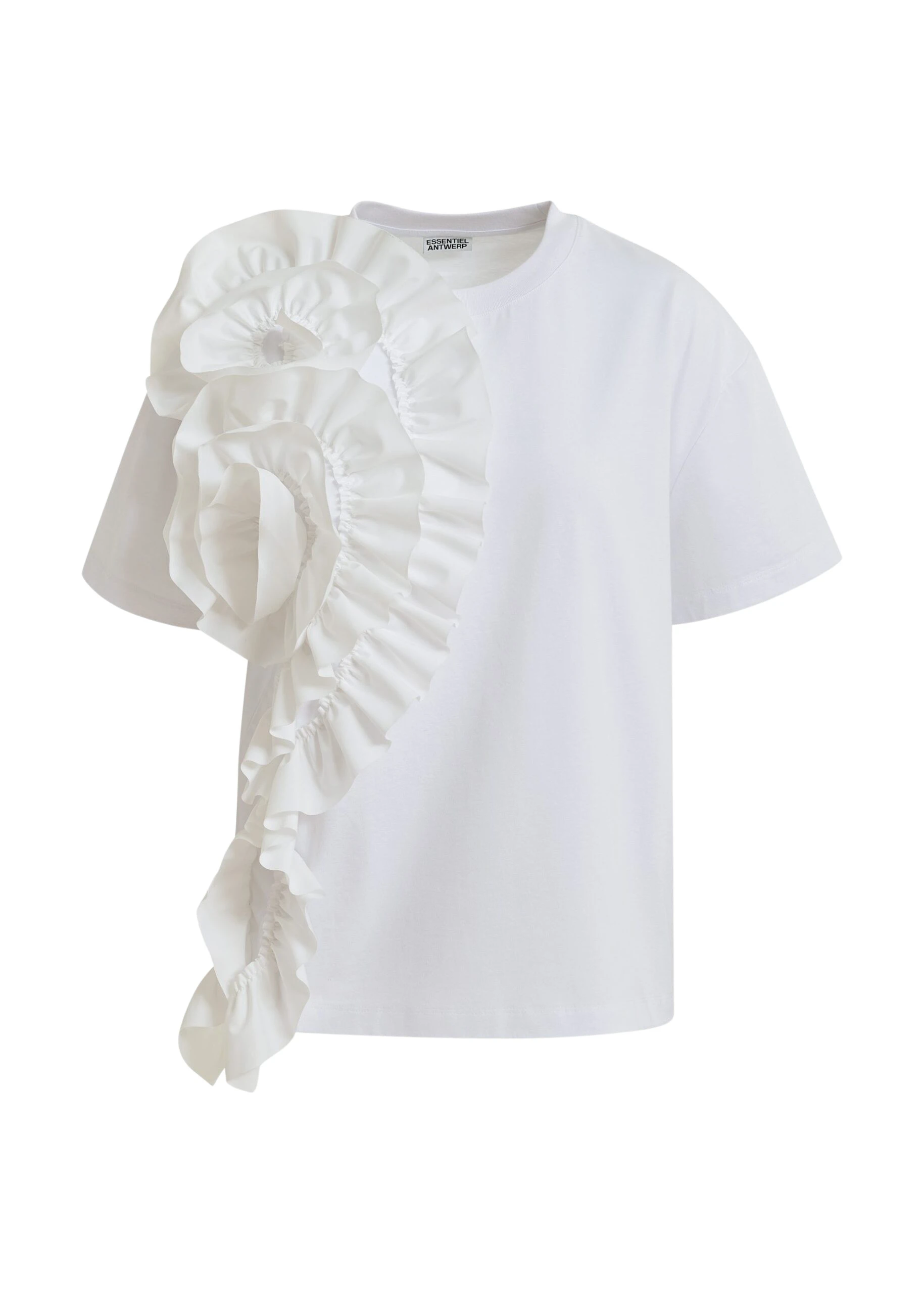 Essentiel-Antwerp-White-cotton-T-shirt-with-oversized-floral-ruffle-detail-scaled90477_nobg White cotton T-shirt with oversized floral ruffle detail