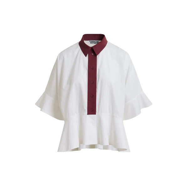 White cotton peplum shirt with burgundy contrast detailing