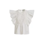 White cotton peplum top with lace-embroidered front and ruffled sleeves