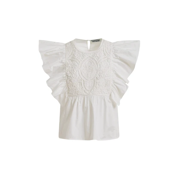 White cotton peplum top with lace-embroidered front and ruffled sleeves