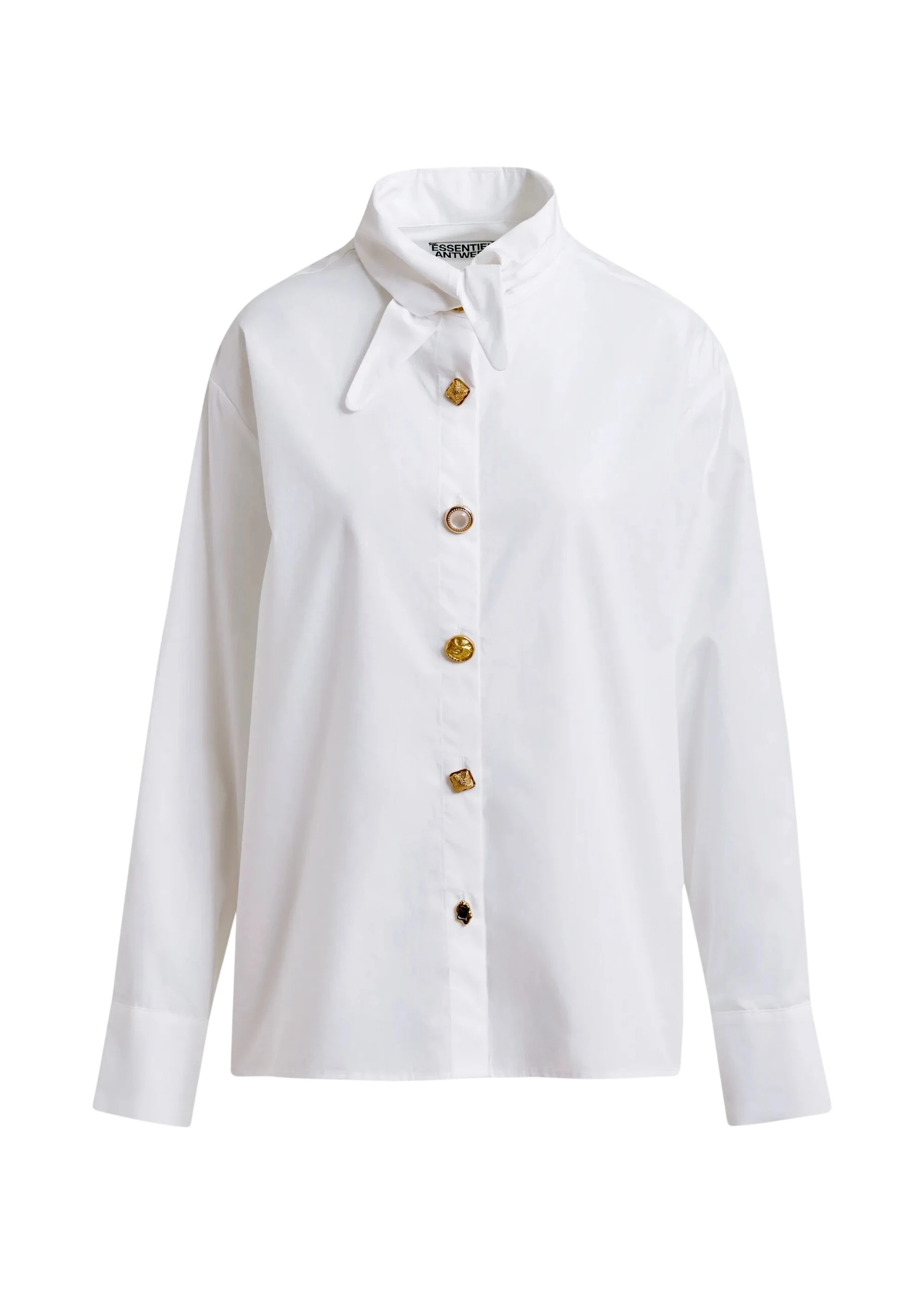 Essentiel-Antwerp-White-cotton-shirt-with-elongated-collar-and-mismatched-buttons-scaled53126_nobg White cotton shirt with elongated collar and mismatched buttons