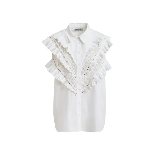 White embellished sleeveless cotton shirt with ruffle details