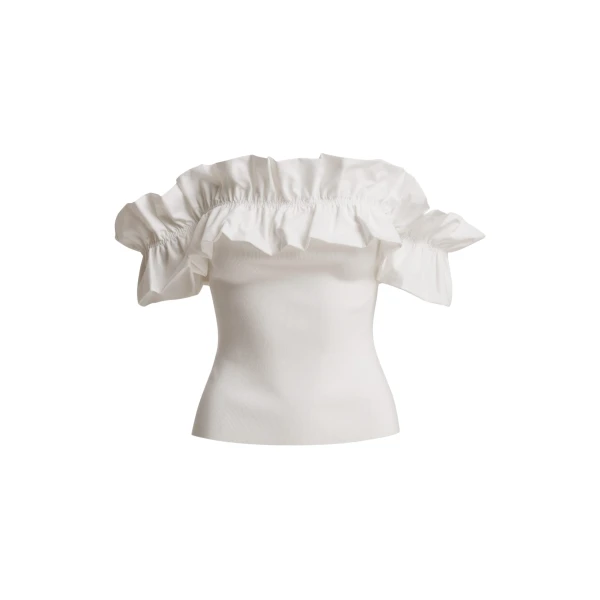 White off-shoulder knit top with ruffle trim