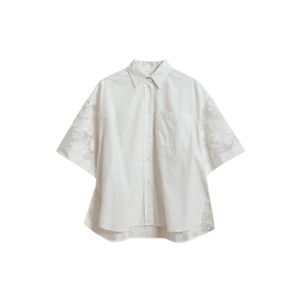 White oversized cotton short-sleeve shirt with lace inserts
