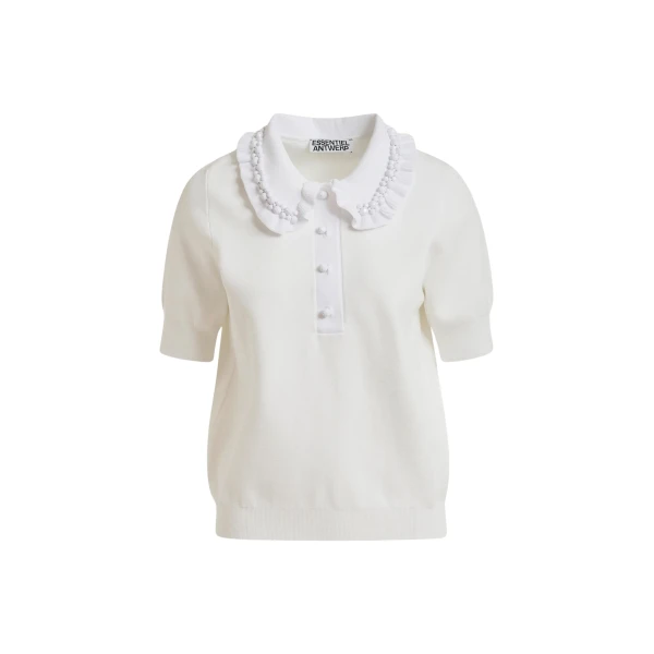 White ruffle fine-knit polo top with bead embellishments