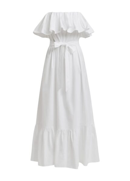White strapless cotton maxi dress with ruffles