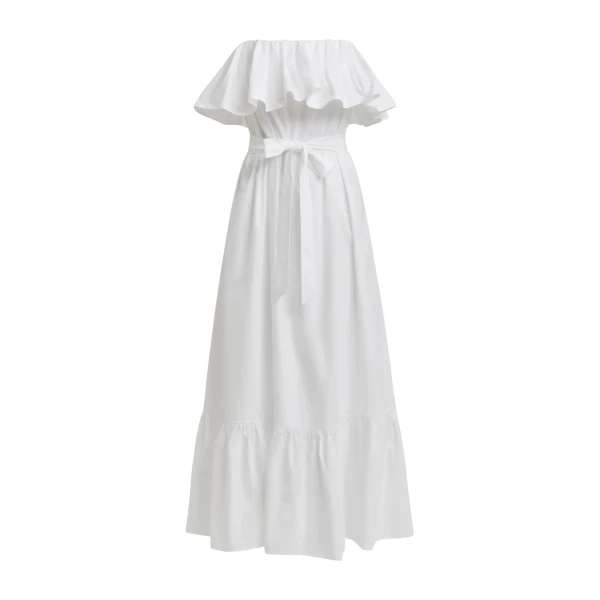 White strapless cotton maxi dress with ruffles