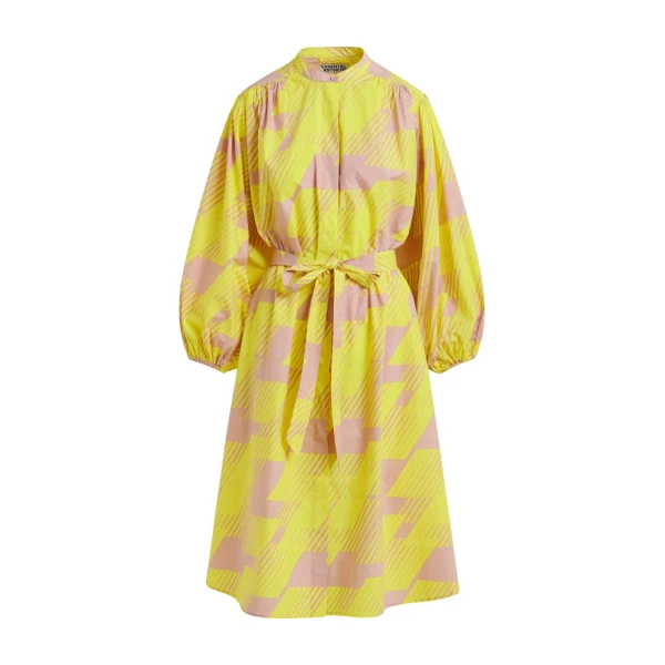 Yellow and brown knee-length shirt dress with mandarin collar