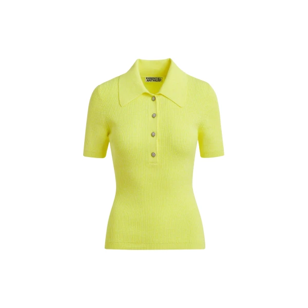 Yellow cotton-blend ribbed polo with rhinestone-encrusted buttons