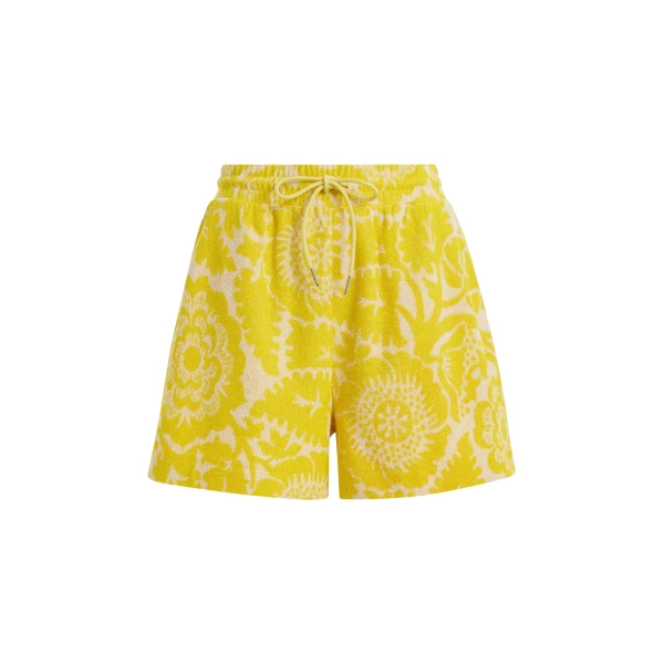 Yellow floral jacquard cotton-blend shorts with drawstring waist