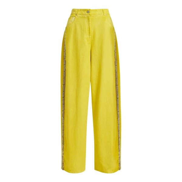 Yellow high-rise wide-leg jeans with embellished side trims