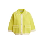 Yellow knit cardigan with flower buttons and off-white contrasting trims