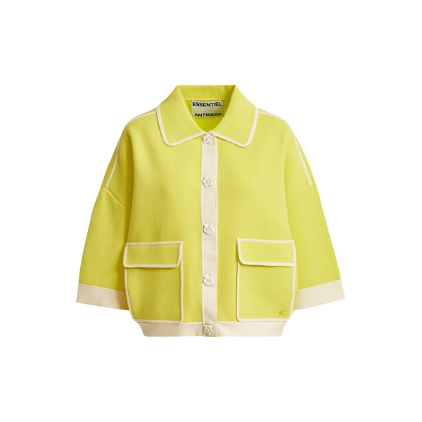 Yellow knit cardigan with flower buttons and off-white contrasting trims