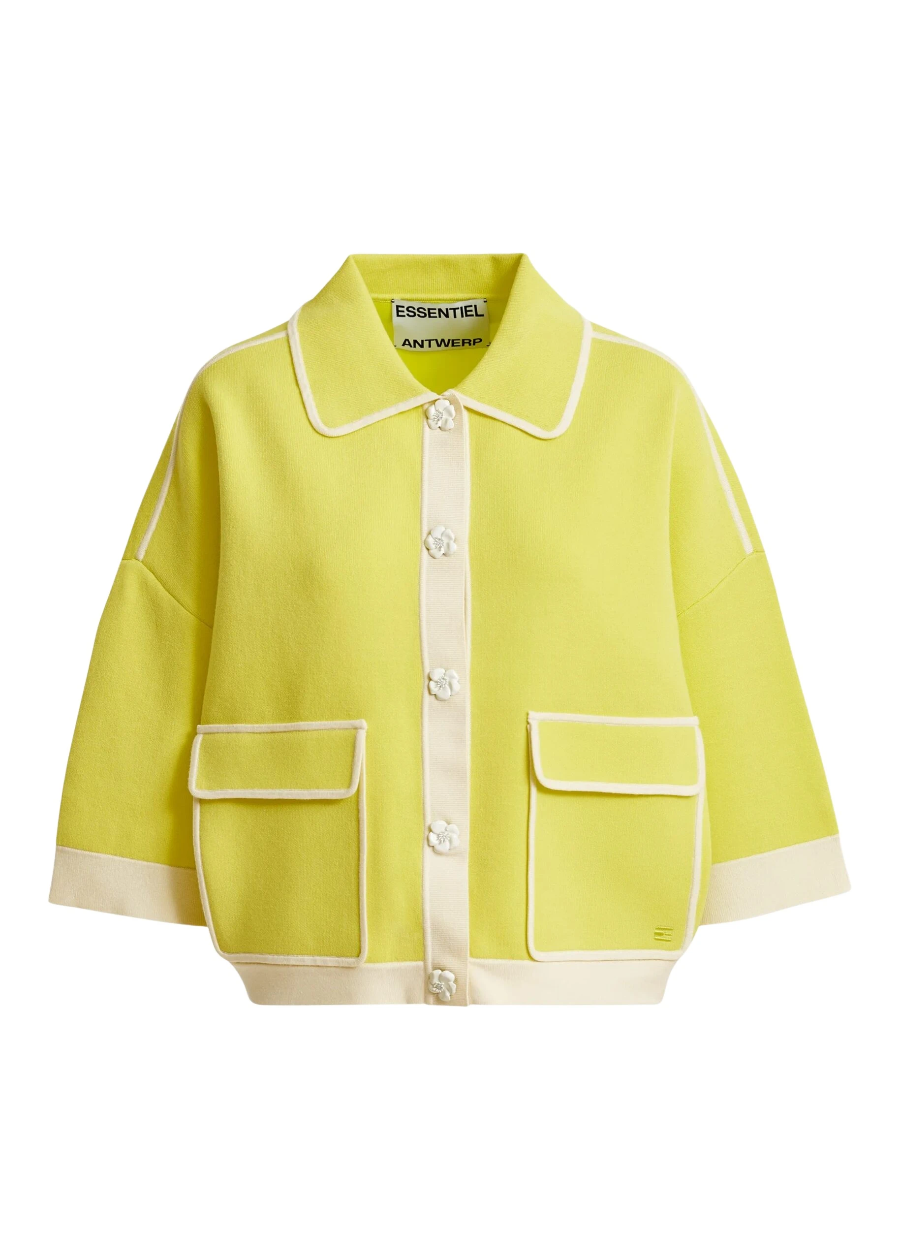 Essentiel-Antwerp-Yellow-knit-cardigan-with-flower-buttons-and-off-white-contrasting-trims-scaled76909_nobg Yellow knit cardigan with flower buttons and off-white contrasting trims