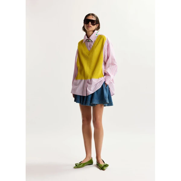 light pink and light blue knit-panel oversized shirt