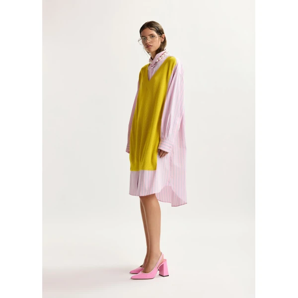 light pink and light blue knit-panel oversized shirt dress