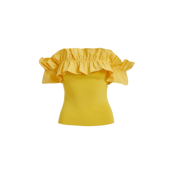 Yellow off-shoulder knit top with ruffle trim
