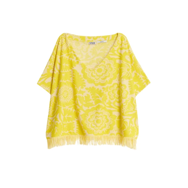 Yellow textured floral jacquard cotton-blend top with fringed trims