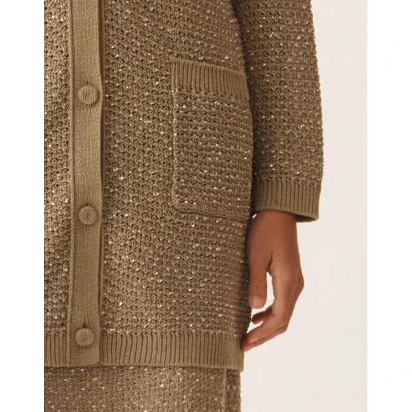 Cotton Ribbon Cardigan with Sequins in Khaki - Image 5