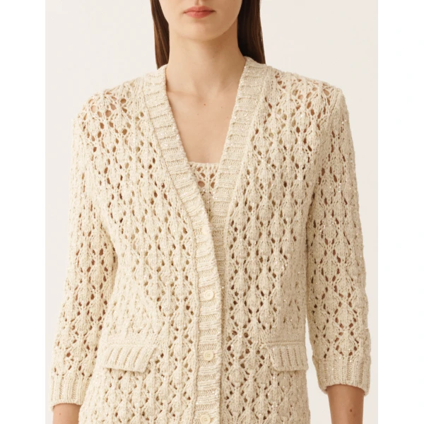 Cotton Tape Cardigan with Sequins in Butter - Image 5
