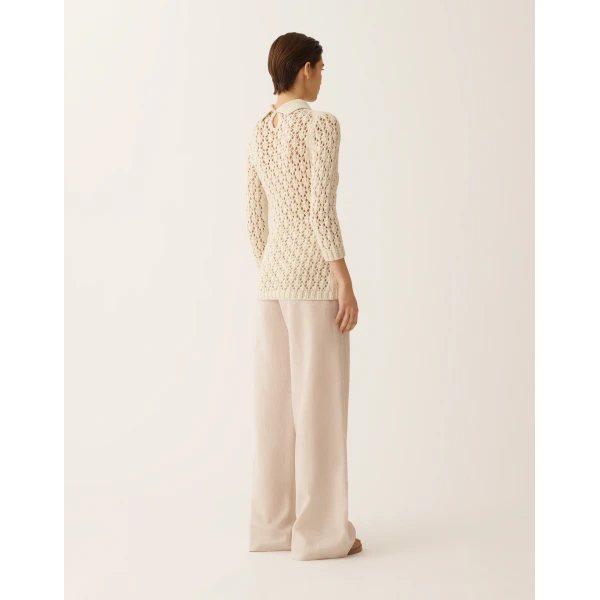 Cotton Tape-Knit Sweater with Sequins in Butter