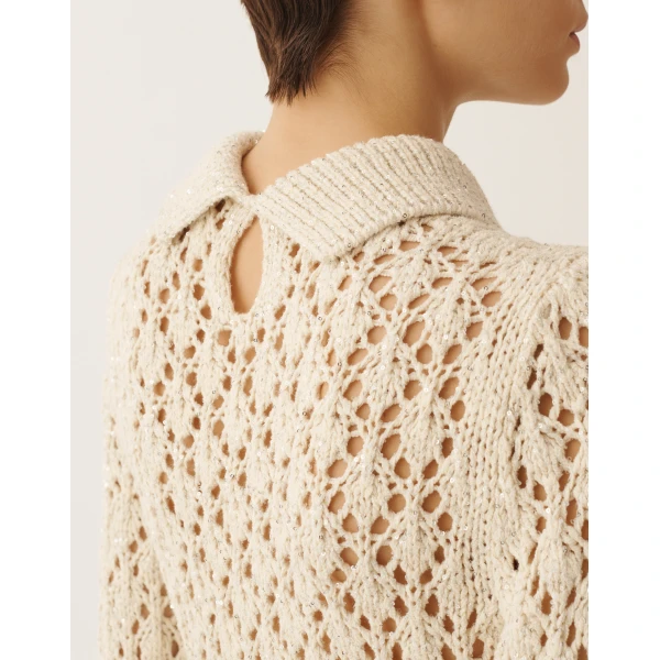 Cotton Tape-Knit Sweater with Sequins in Butter - Image 5
