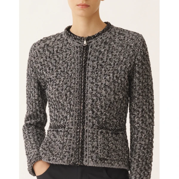 Dark Blue Sequin Tweed Jacket with a Denim Effect in Night Blue - Image 5