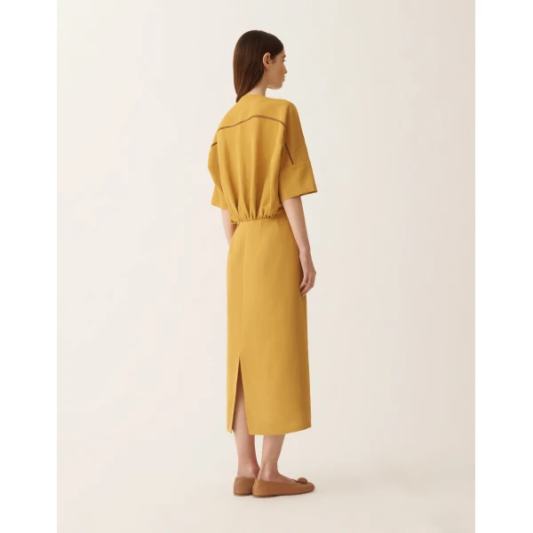 Fluid Linen and Viscose Dress in Mustard